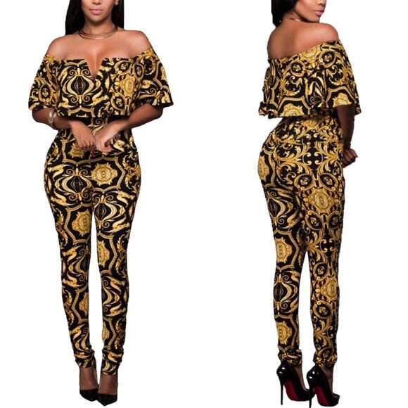 Jumpsuit Tapestry Print Off Shoulder Bodysuit - Picture 1 of 9